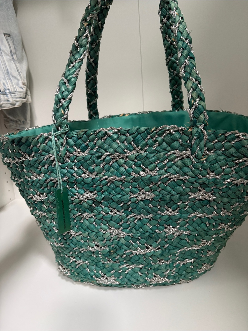 United Colors Of Benetton Teal Woven Tote with Silver Trim